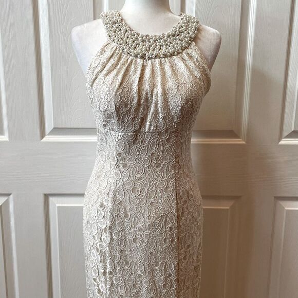 Cache Champagne Lace Gown with Pearl Neck and Godet Mesh Insert Size 4 EUC - Picture 2 of 13